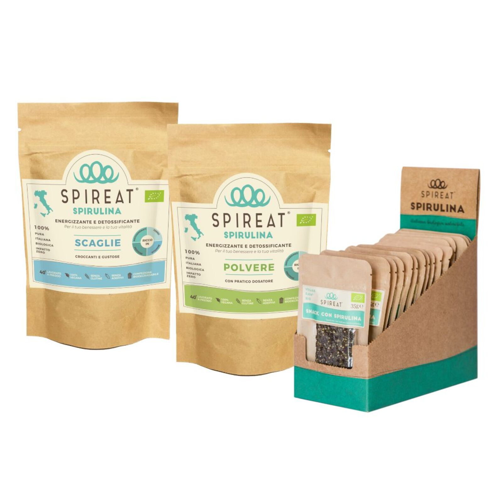 Spireat Percorsi Spirulina Kit scaglie polvere snack energia