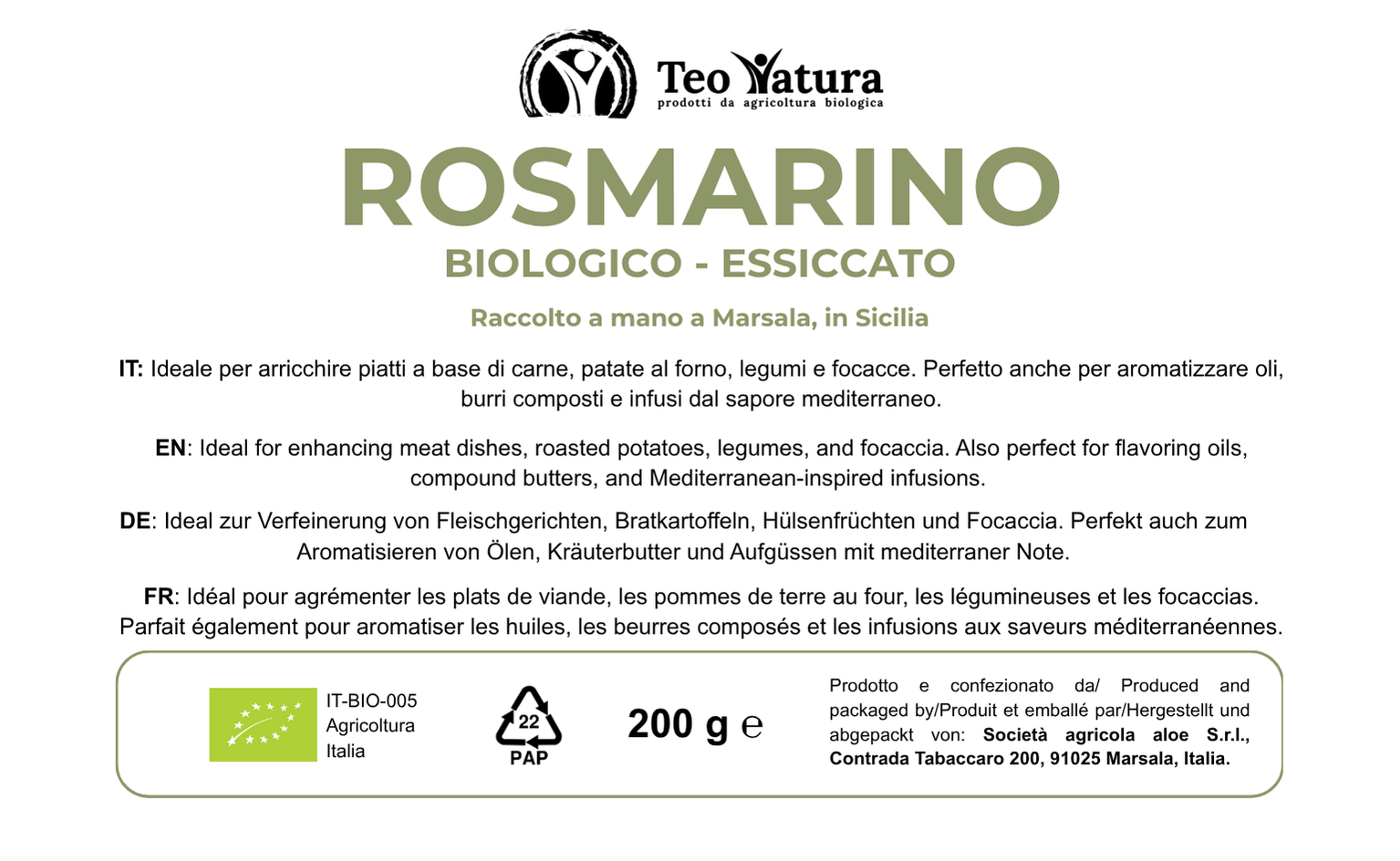Teo Natura Spezie Rosmarino Essiccato Bio 200 g Sicilia