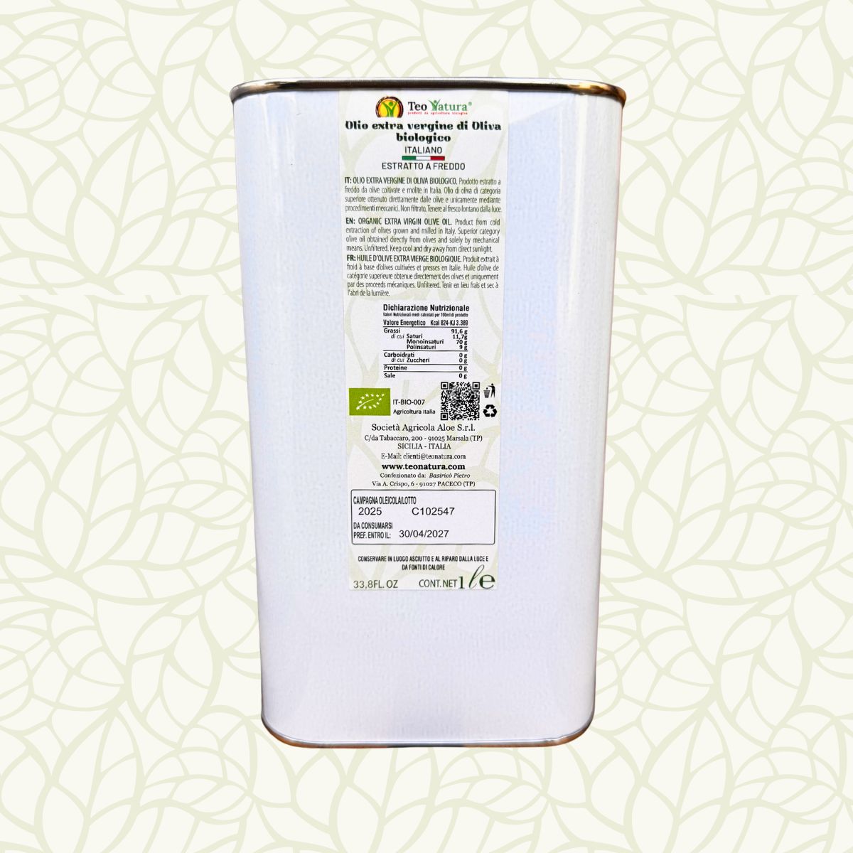 Teo Natura Olive Oil Olio EVO Bio 1 Litro Latta