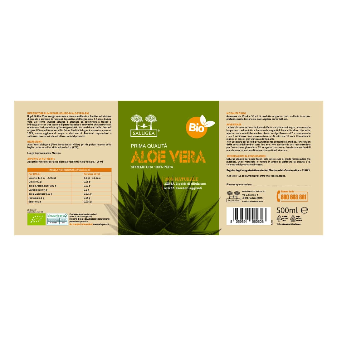 Salugea Succhi Biologici Succo di Aloe Vera Bio 1 flacone depurativo
