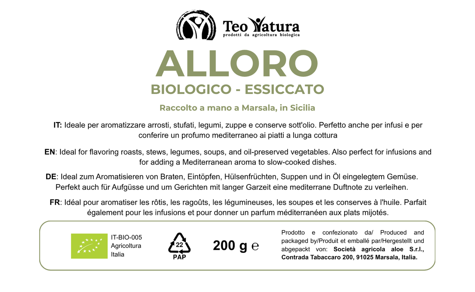 Teo Natura Alloro Foglie Essiccate Bio 200 g per brodi