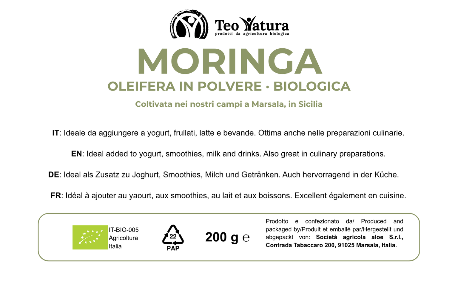 Teo Natura Moringa Oleifera Bio Polvere 200g Energia