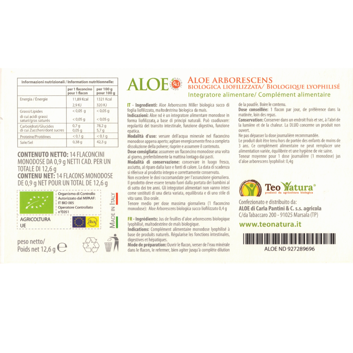 Teo Natura Aloe Arborescens Bio Liofilizzata 14 Fialette