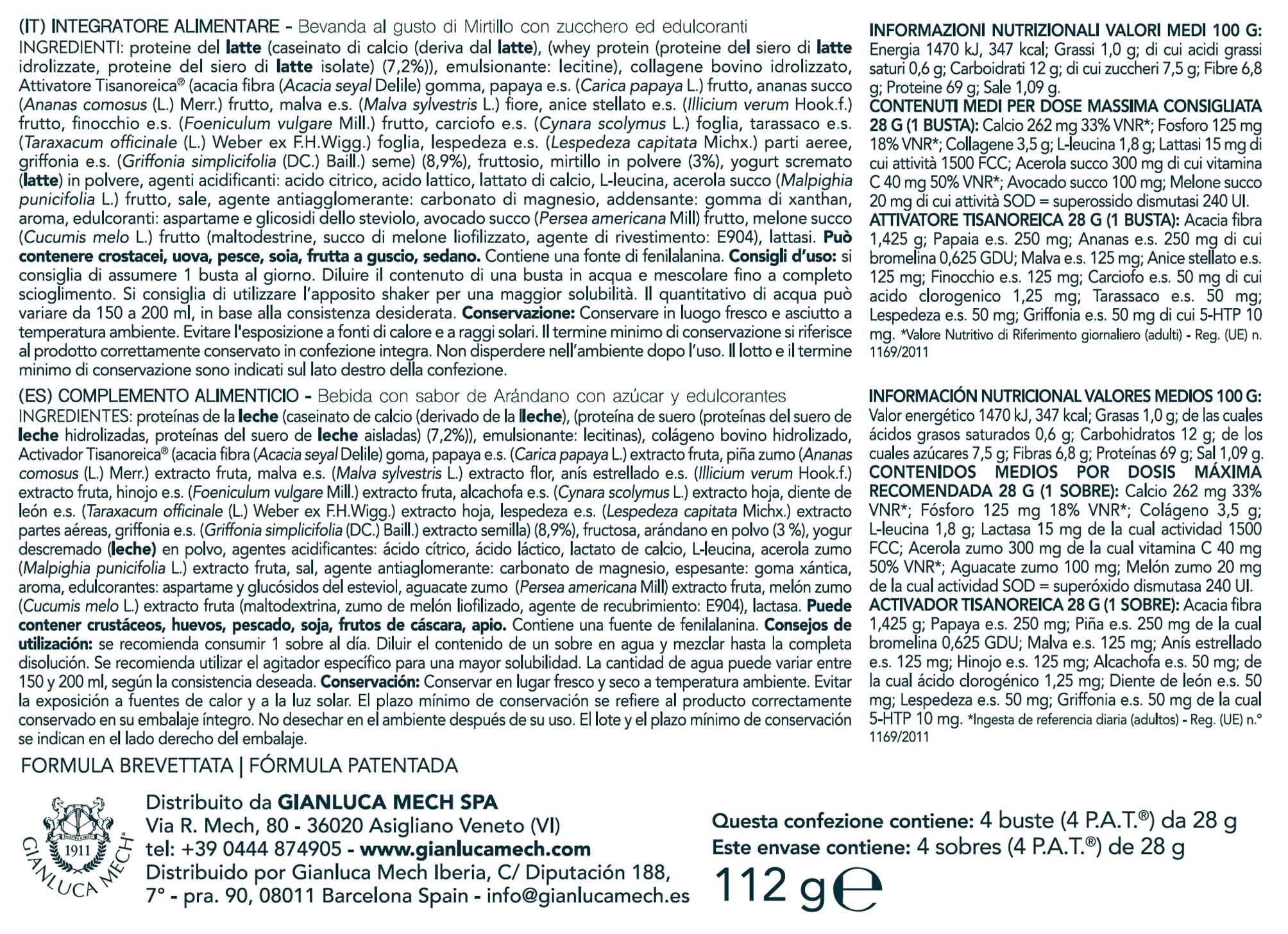 Gianluca Mech Tisanoreica Bevanda Proteica Mirtillo 4x28g senza glutine