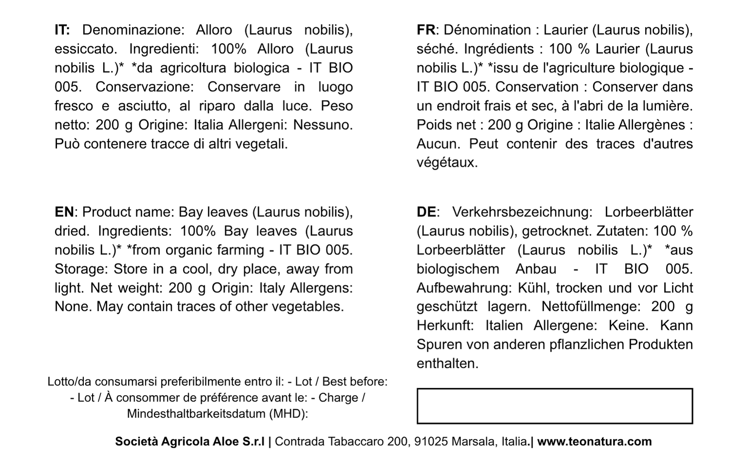 Teo Natura Alloro Foglie Essiccate Bio 200 g per brodi