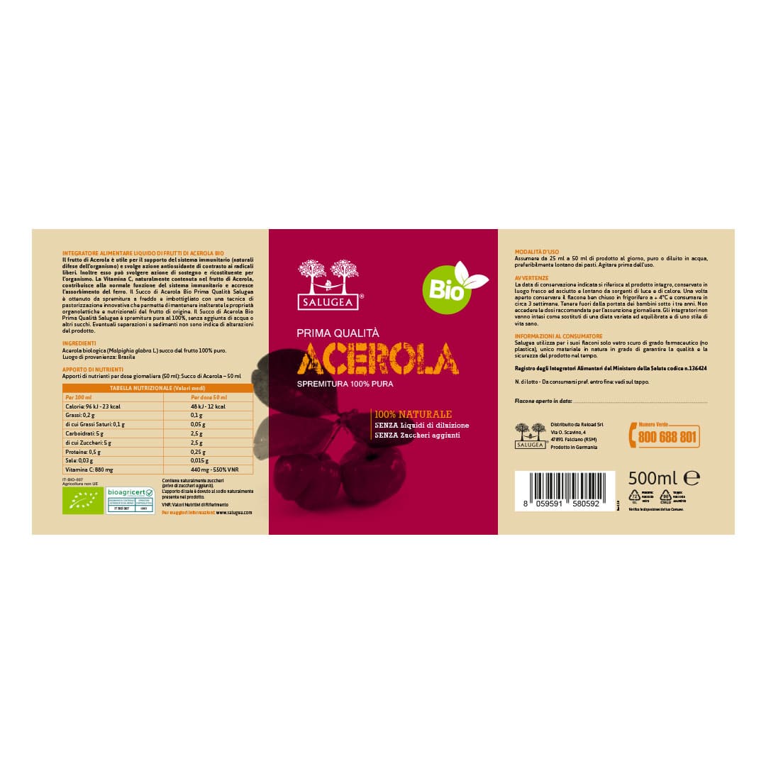Salugea Succhi Acerola Bio succo 1 flacone vitamina C naturale