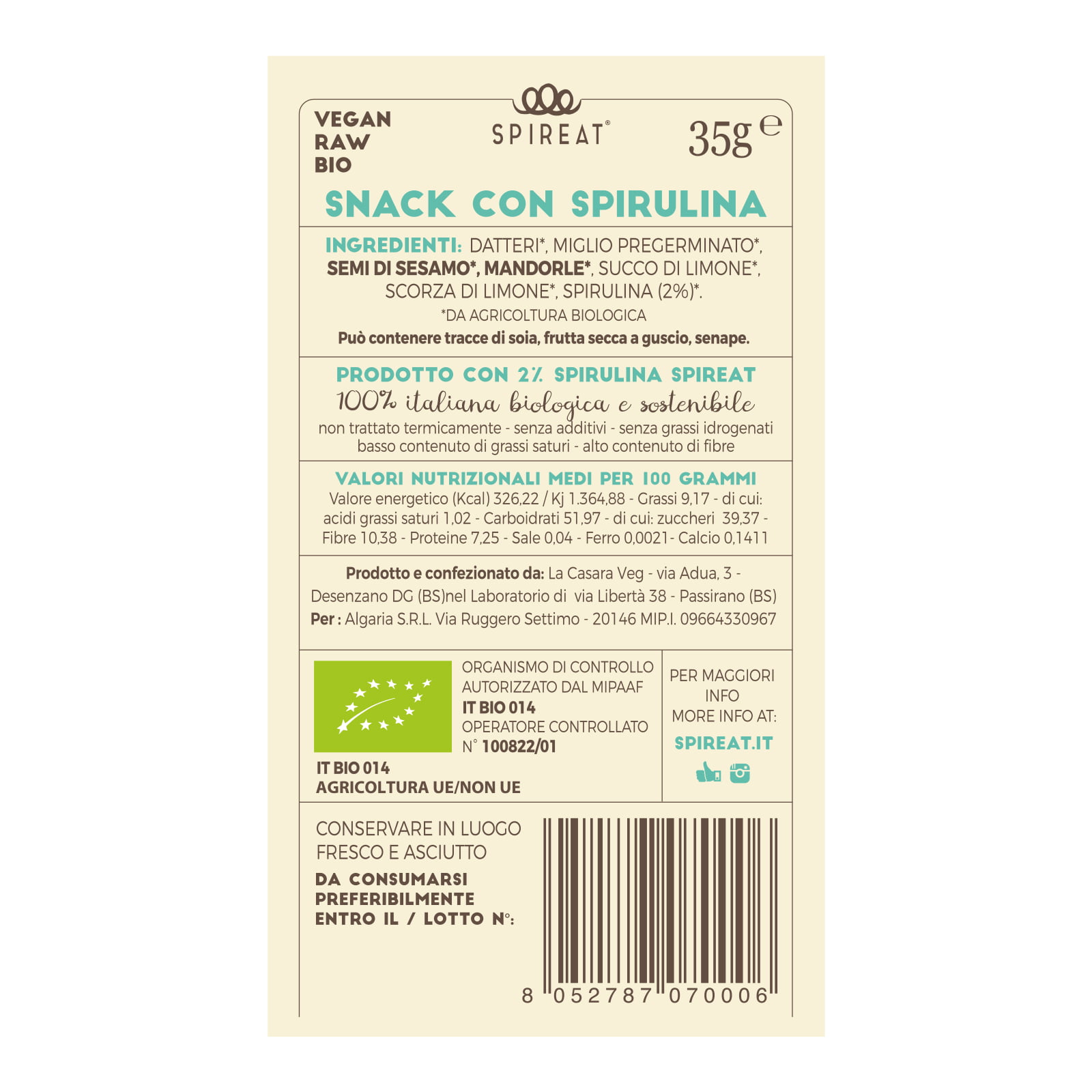 Spireat Snack alla Spirulina limone 6 barrette 35 g energia