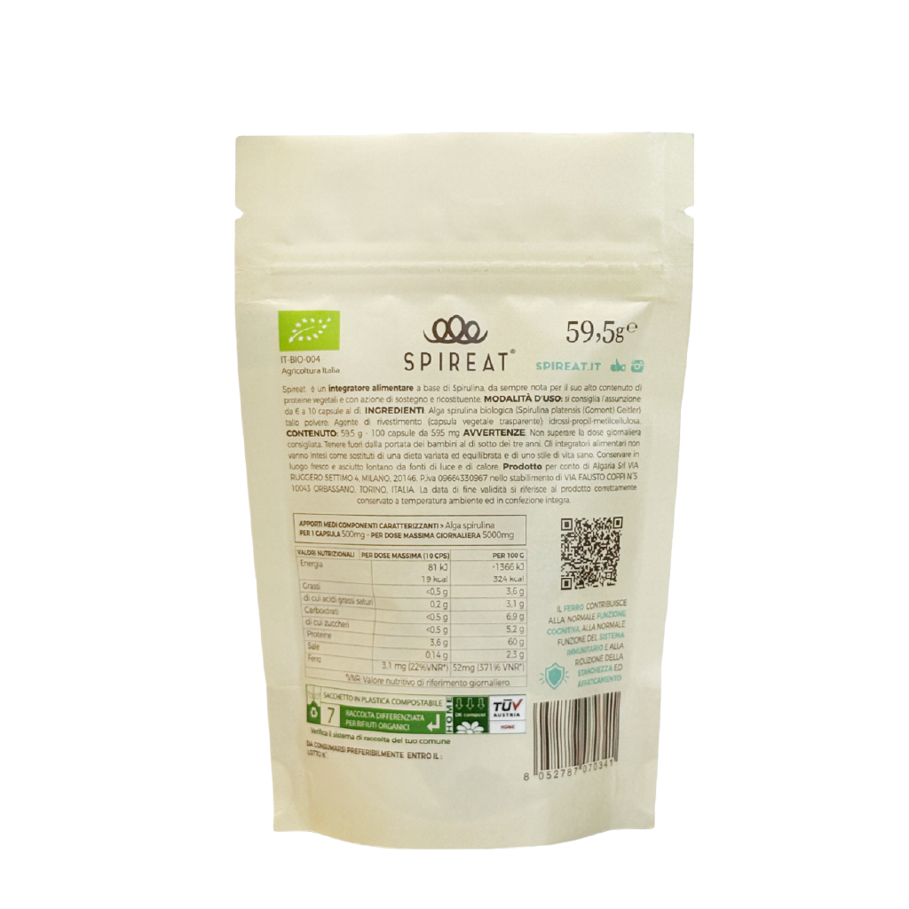 Spireat Spirulina Italiana Biologica Pura Capsule 100x500mg