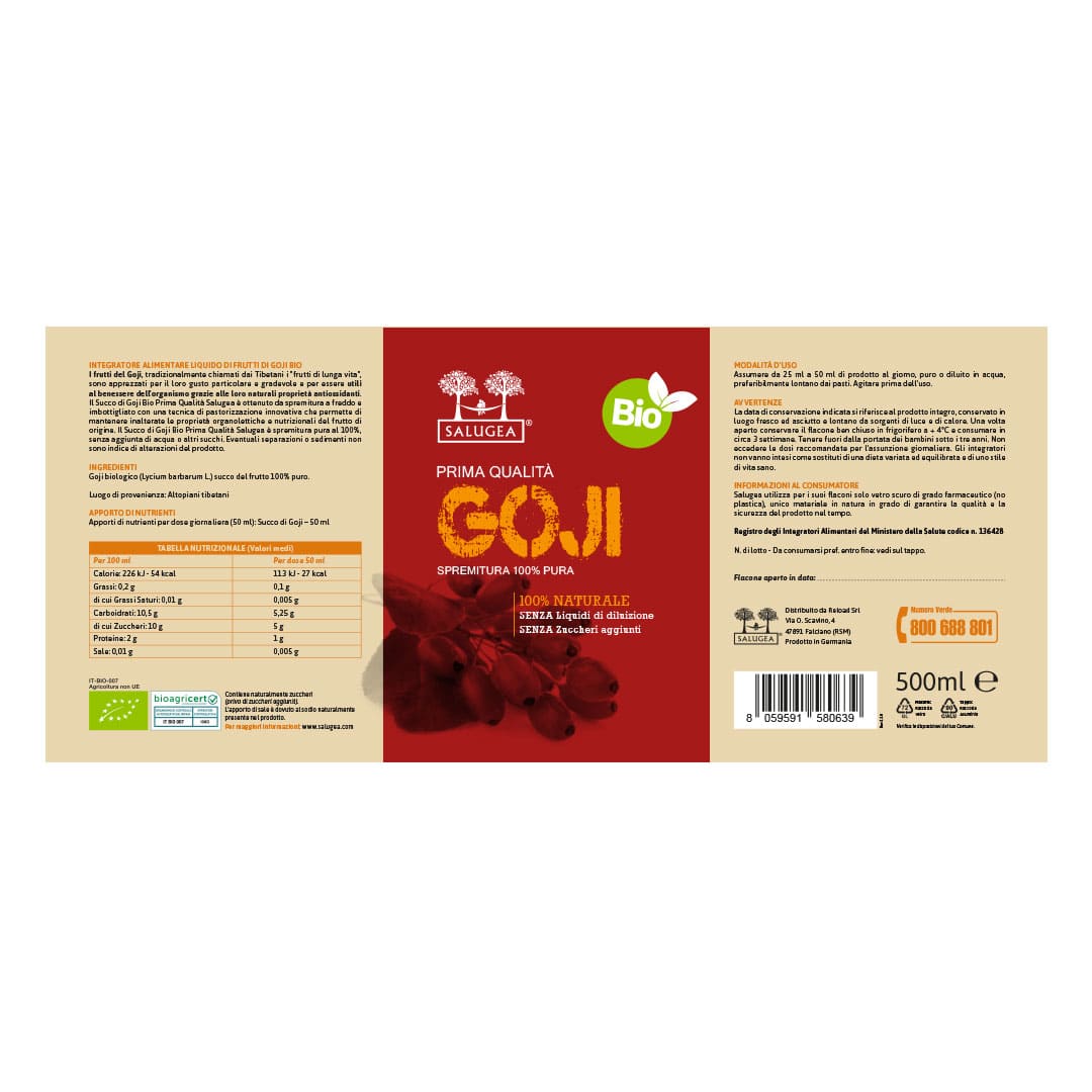 Salugea Succo di Goji Bio Succo 1 Flacone Antiossidante