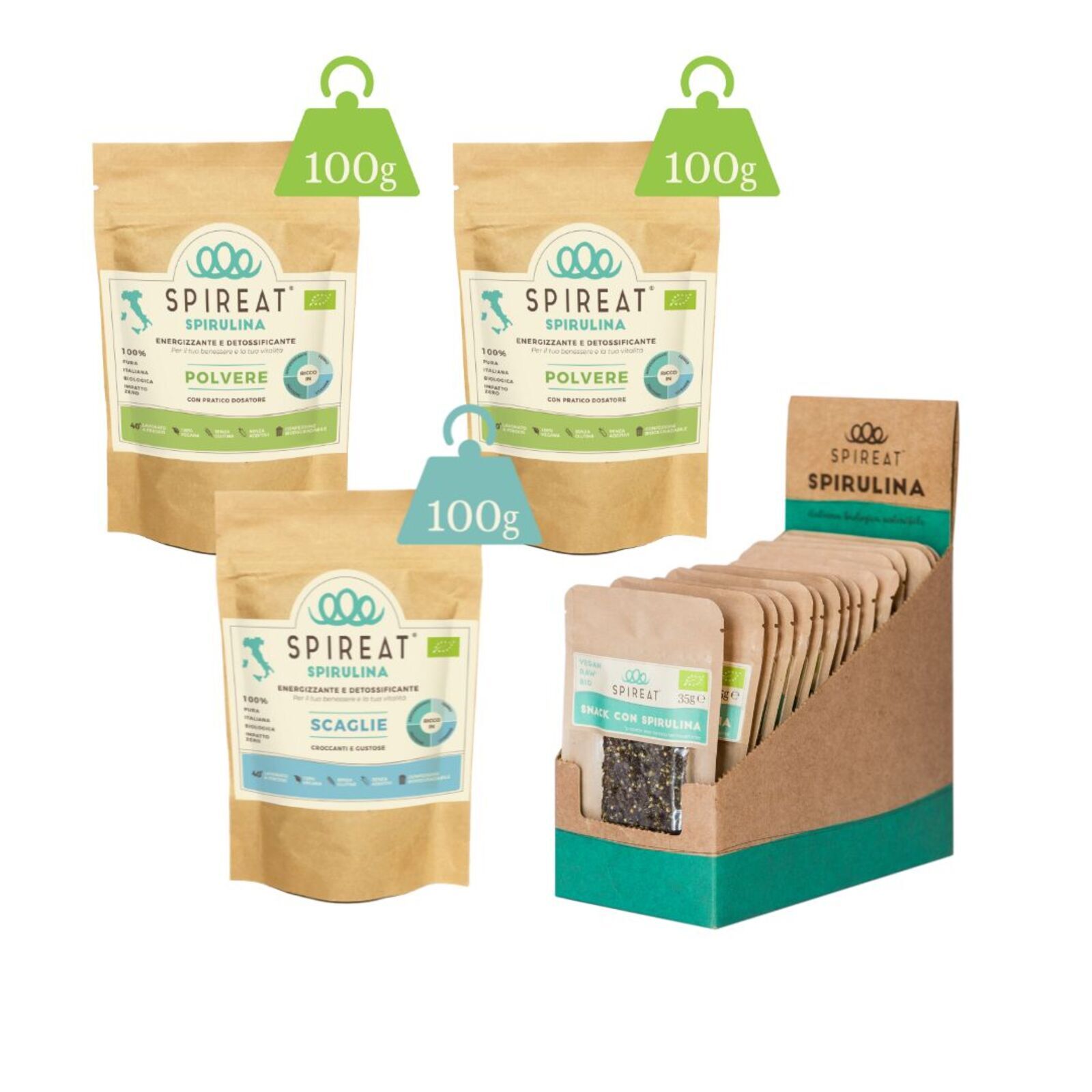Spireat Percorsi Spirulina Kit scaglie polvere snack energia