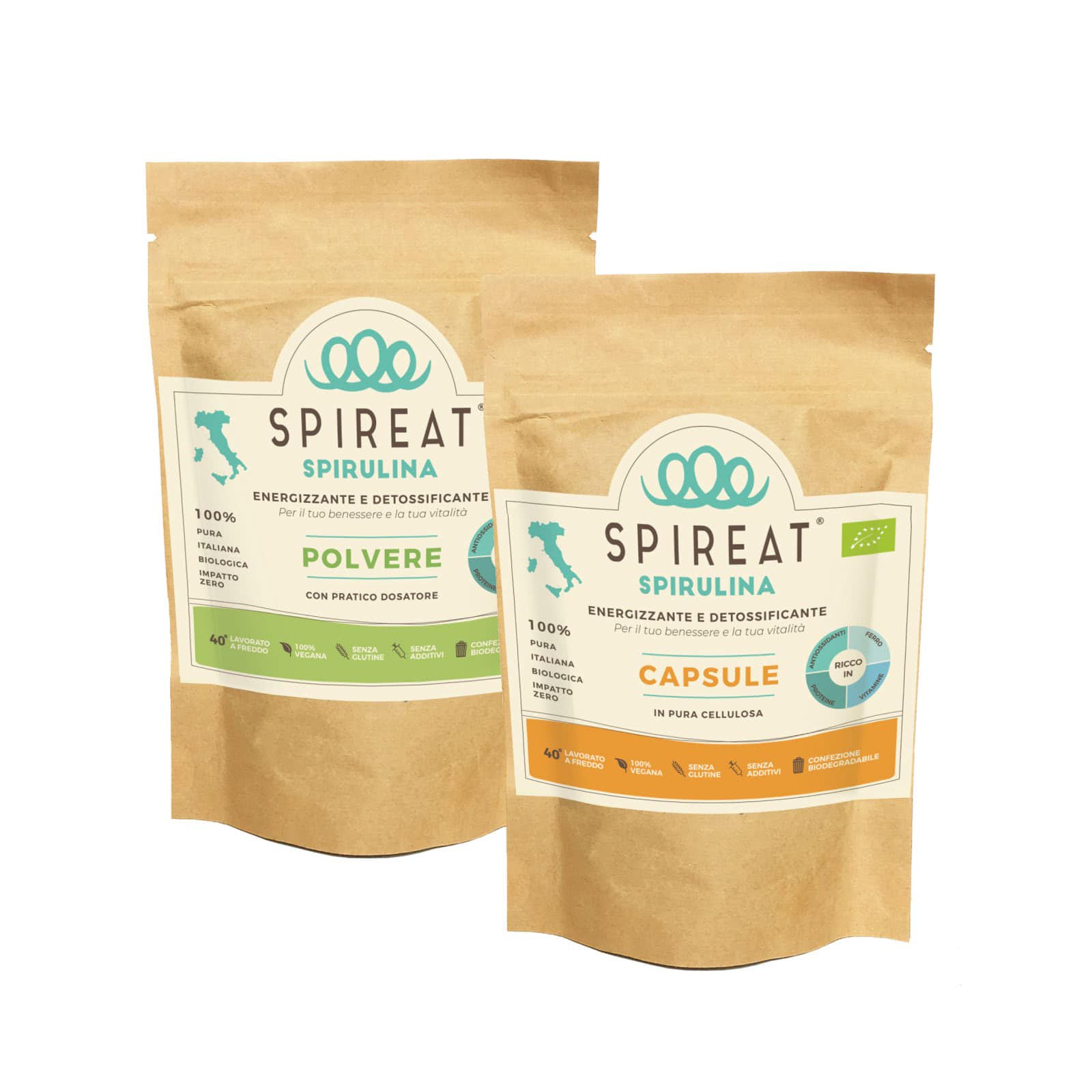 Spireat Spirulina Italiana Biologica Pura capsule e polvere 50 g energia